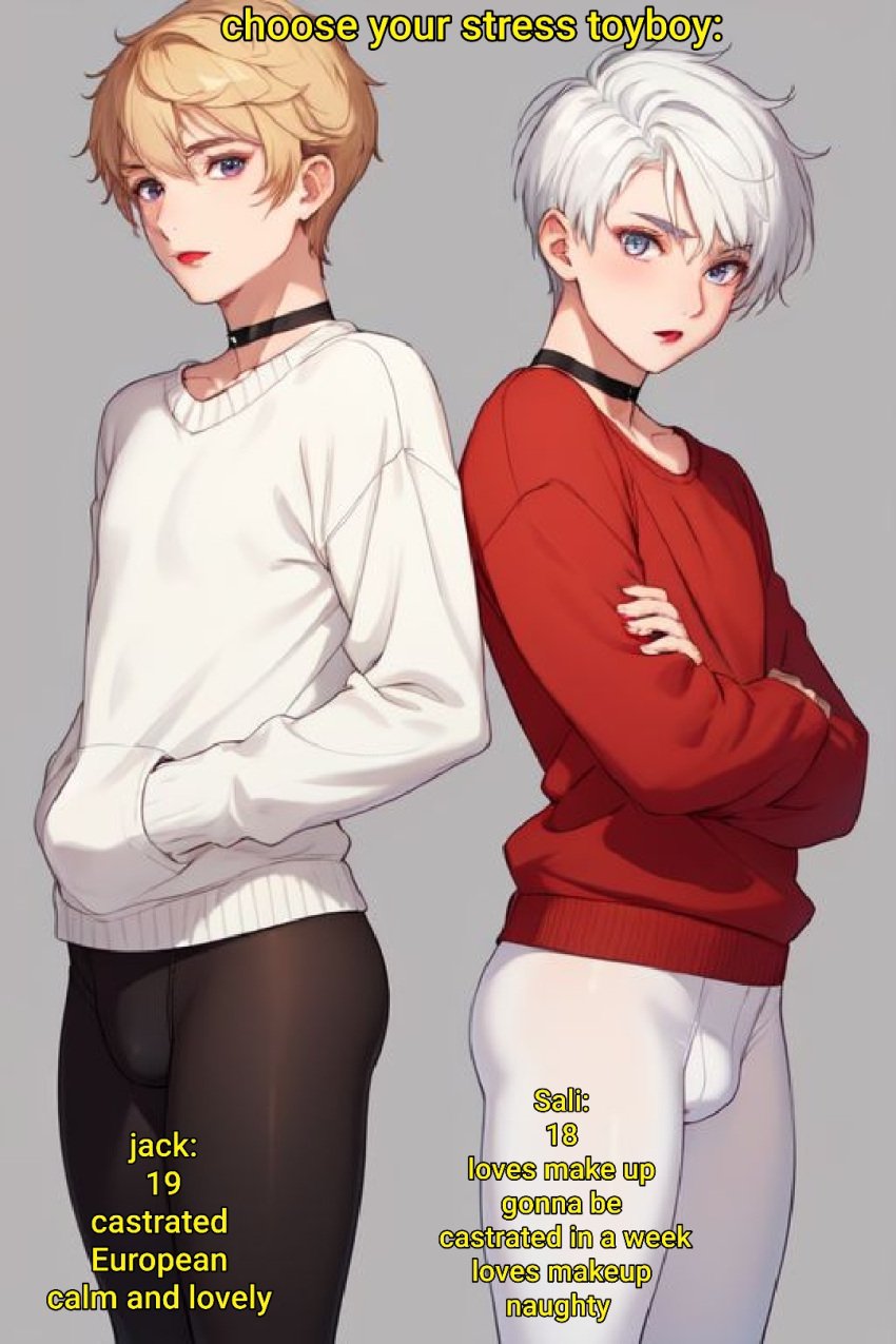 2boys 2femboys afroking ai_generated anime_style athletic athletic_male black_pantyhose blonde_hair blue_eyes brown_eyes bulge caption choker clothed crossdressing crossdressing_male dressed dyed_hair english_text femboy feminine_male fit fit_male flat_chest flat_chested fully_clothed gay jumper lipstick makeup male male_only males_only messy_hair pale-skinned_male pale_skin pantyhose posing red_lipstick short_hair sissy standing text twink white_body white_hair white_pantyhose white_skin yaoi