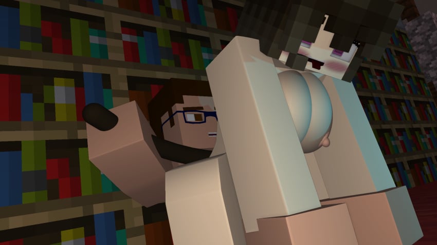 1boy 1girls 3d anthro big_breasts bookshelf brown_hair cat_ears cat_humanoid cat_tail catgirl delilah_cringe_(iamcringe) erect_nipples female glasses horny_female human_male iamcringe ian_cringe_(iamcringe) mine-imator minecraft nude nude_female nude_male open_mouth pink_eyes riding sex tagme tongue_out