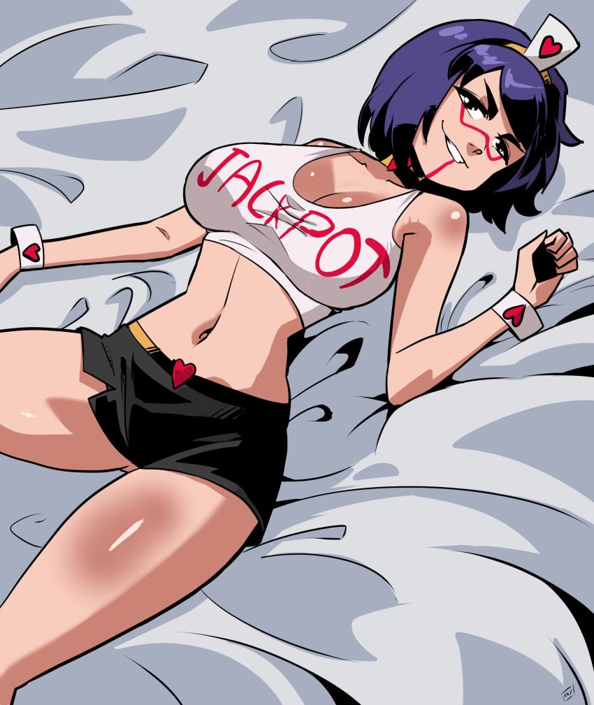 1girls alternate_version_available big_breasts breasts crop_top hi_res humiko_kanji kukuruyo lying lying_on_back lying_on_bed navel short_hair shorts smug smug_expression smug_face smug_grin smug_smile thighs villainous