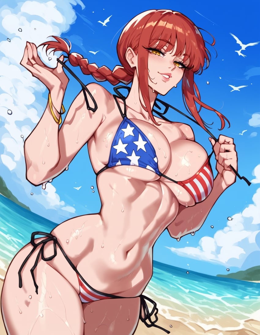 ai_generated american_flag_bikini american_flag_print bangs beach bikini bird blue_sky blush bracelet braid braided_ponytail breasts chainsaw_man cleavage cloud collarbone cosplay day female flag_print floppydisc jewelry large_breasts long_hair looking_at_viewer makima_(chainsaw_man) navel novelai ocean outdoors parted_lips red_hair ringed_eyes side-tie_bikini_bottom sidelocks sky smile solo stable_diffusion strap_pull swimsuit thighs wet yellow_eyes