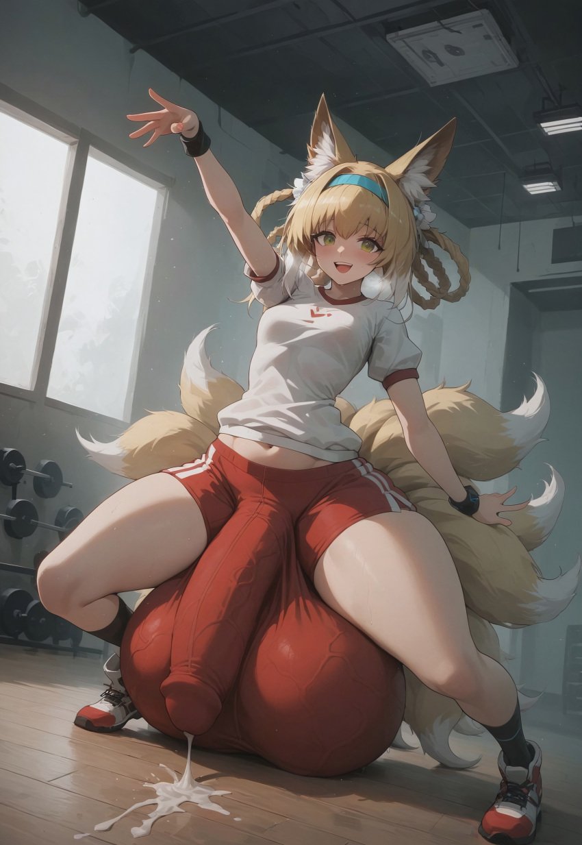 ai_generated arknights blonde_hair bulge bulge_through_clothing civitai cum futa_only futanari green_eyes gym_uniform hi_res huge_balls huge_cock hyper_balls hyper_genitalia leaking_cum massive_balls suzuran_(arknights)