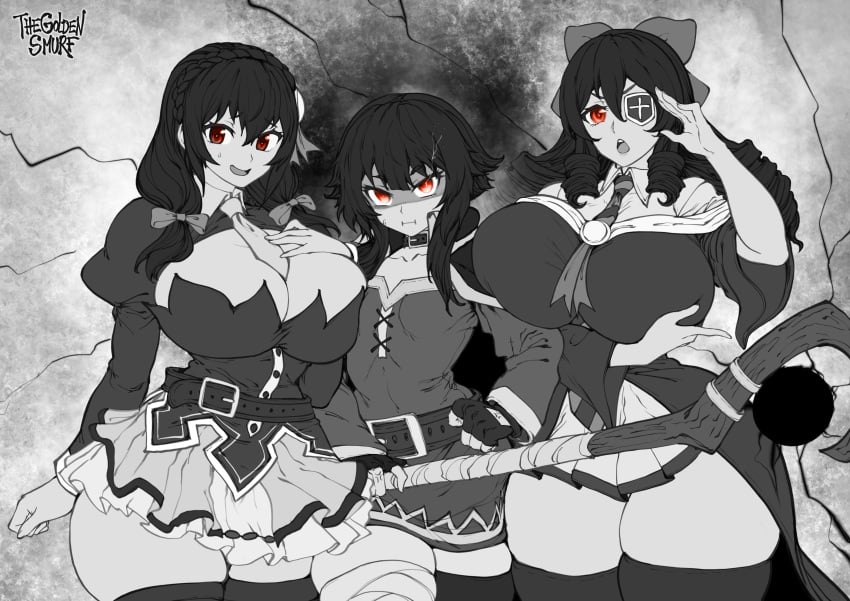 3girls absurd_res artist_signature artist_website arue_(konosuba) big_breasts black_hair black_thighhighs braided_hair breast_size_difference drill_hair eyepatch female female_only flat_chest greyscale huge_breasts kono_subarashii_sekai_ni_shukufuku_wo! long_hair looking_at_viewer megumin pout red_eyes smiling smiling_at_viewer thegoldensmurf thick_thighs thighhighs twintails yunyun_(konosuba)