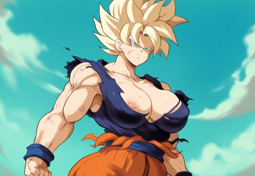 ai_generated alien alien_girl big_breasts dragon_ball dragon_ball_super dragon_ball_z female from_below genderswap_(mtf) large_breasts low-angle_view mature_female milf mullon muscular_female namek namek_saga novelai rule_63 saiyan serious son_goku super_saiyan