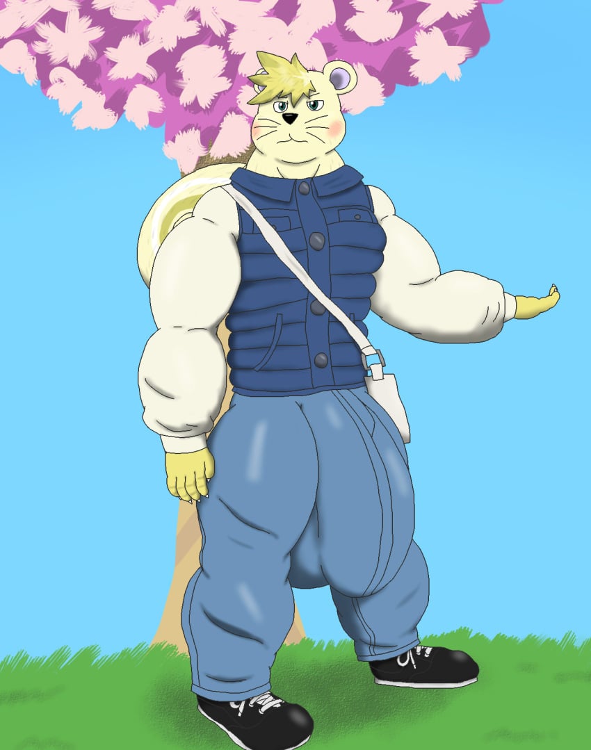 alythewolfcat animal_crossing big_bulge bulge cherry_blossom clothing detailed_bulge flower fur genital_outline hi_res huge_bulge hyper hyper_bulge male mammal marshal_(animal_crossing) muscular muscular_male nintendo penis_outline plant prunus_(flower) rodent sciurid solo tree_squirrel yellow_body yellow_fur