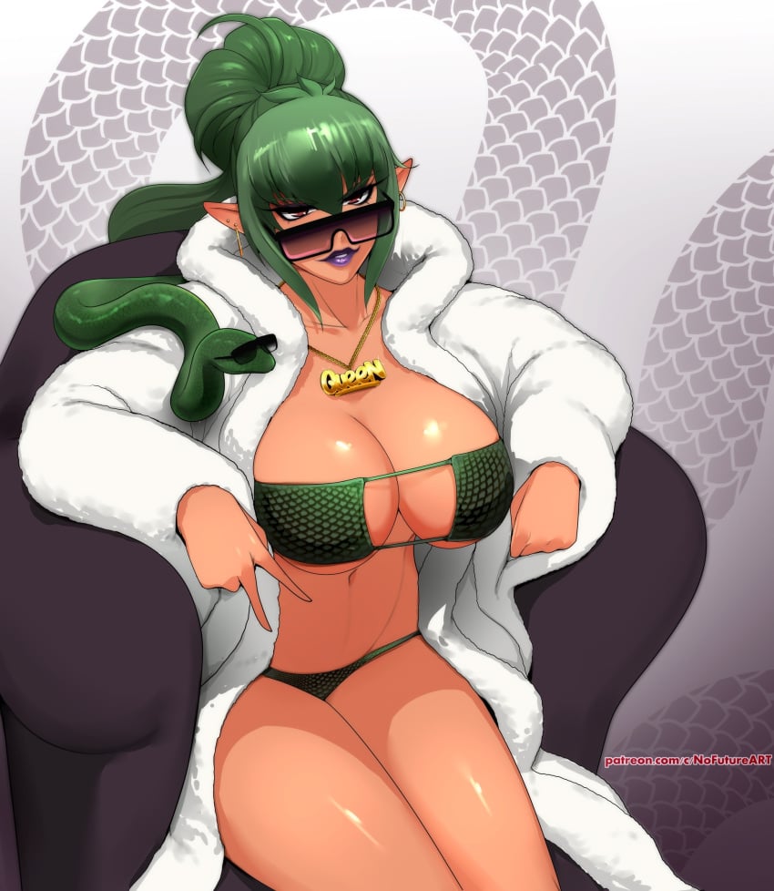 1girls big_breasts bikini brown_eyes earrings echidna_(queen&#039;s_blade) eyelashes female female_only fur_coat green_hair hi_res long_hair looking_at_viewer narrowed_eyes necklace nofuture pointy_ears ponytail purple_lipstick queen&#039;s_blade sitting sitting_on_couch snake solo sunglasses thick_thighs v_sign