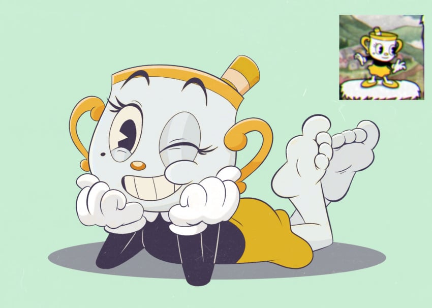 beauty_mark big_eyelashes black_eyes black_shirt cuphead:_the_delicious_last_course cuphead_(game) feet feet_up female female_only gloves handles laying_on_ground laying_on_stomach looking_at_viewer ms._chalice pacman_eyes porcelain_skin smiling smiling_at_viewer white_skin wink winking_at_viewer yellow_skirt