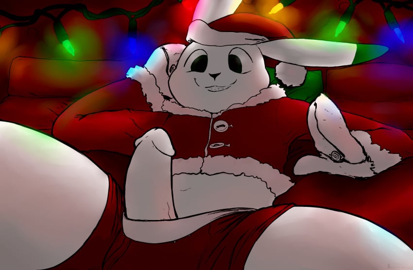 2019 anthro bed black_eyes clothing fur gloves holidays lagomorph lights long_ears looking_at_viewer male male_only mammal penis pillow rabbit raster_dreams santa_suit smile solo teeth