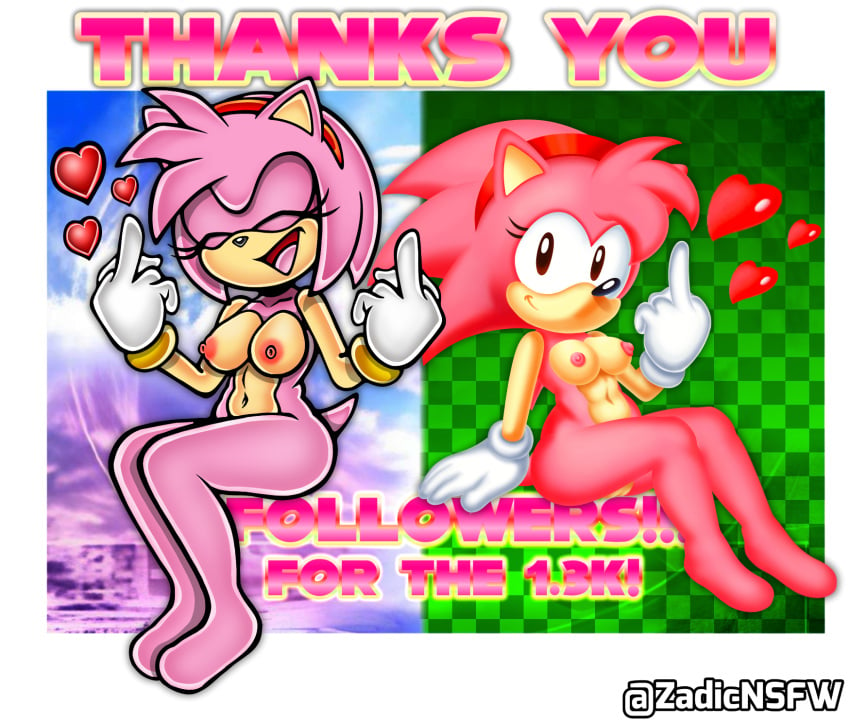 2girls accurate_art_style amy_rose anthro anthro_focus black_eyes black_nose breasts classic_amy_rose closet_eyes eyelashes female female_anthro female_focus girly_girl gloves hairband hedgehog hedgehog_girl middle_finger mobian_(species) no_panties no_underwear on_model pink_body pink_fur pink_hair pink_tail plump_ass presenting sega smile sonic_(series) sonic_cd sonic_team style_parody thick_thighs uekawa_style white_gloves wide_hips zadicnsfw