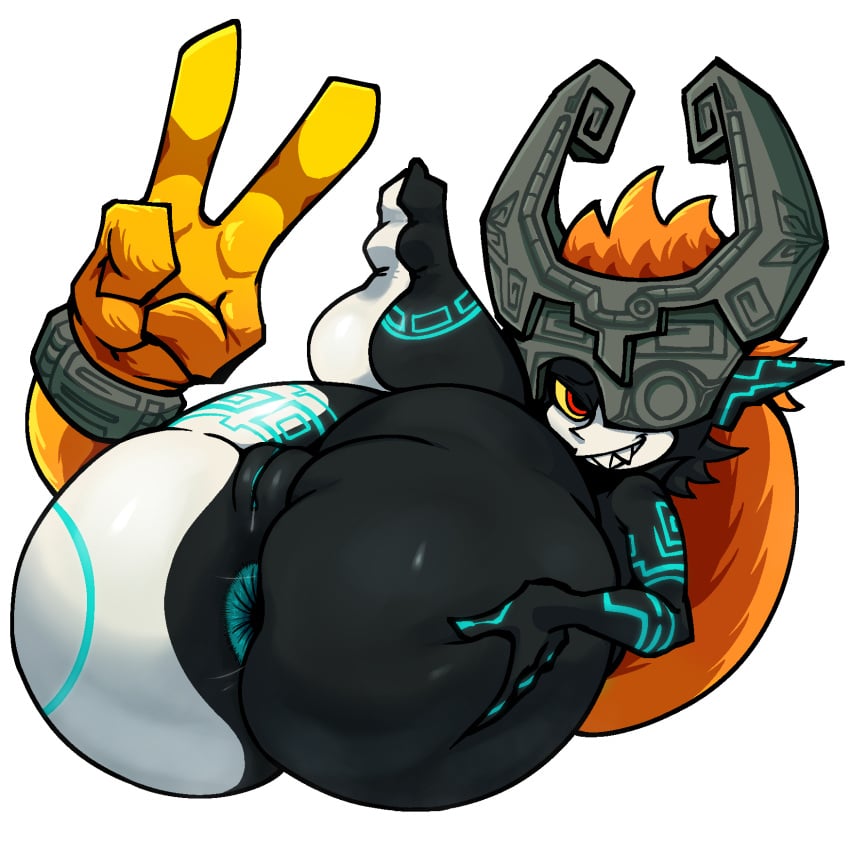 2024 alpha_channel anus armor ass big_butt black_body black_skin blonde_hair blue_anus female gesture grey_body grey_skin grin hair hair_hand hand_gesture hand_on_butt headgear helmet hi_res huge_butt imp long_hair lying midna multicolored_body multicolored_skin nanodude78 nintendo on_back orange_hair presenting pupils red_eyes sharp_teeth simple_background smile solo teeth teeth_showing the_legend_of_zelda transparent_background twili twilight_princess two_tone_body two_tone_skin v_sign yellow_sclera