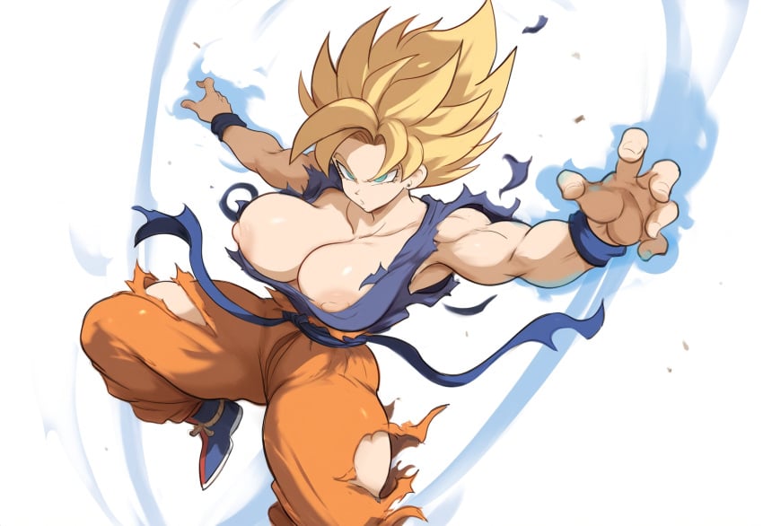 ai_generated alien alien_girl big_breasts blonde_hair blue_eyes dragon_ball dragon_ball_super dragon_ball_z energy female genderswap_(mtf) large_breasts mature_female milf mullon muscular_female nipples novelai rule_63 saiyan son_goku super_saiyan