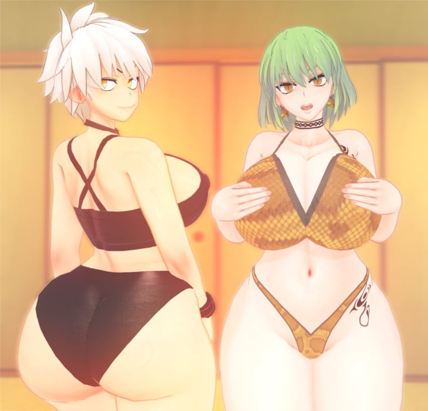 2girls 3d 3d_model big_ass big_breasts bikini black_swimsuit bubble_butt choker covered_nipples covering_breasts female green_hair hikage_(senran_kagura) holding_breast hourglass_figure huge_ass huge_breasts kiminodonuts koikatsu looking_at_viewer miyabi_(senran_kagura) open_mouth orange_eyes senran_kagura short_hair smirk snakeskin_print swimsuit tattoo tattoo_on_breast tattoo_on_hips white_hair yellow_eyes