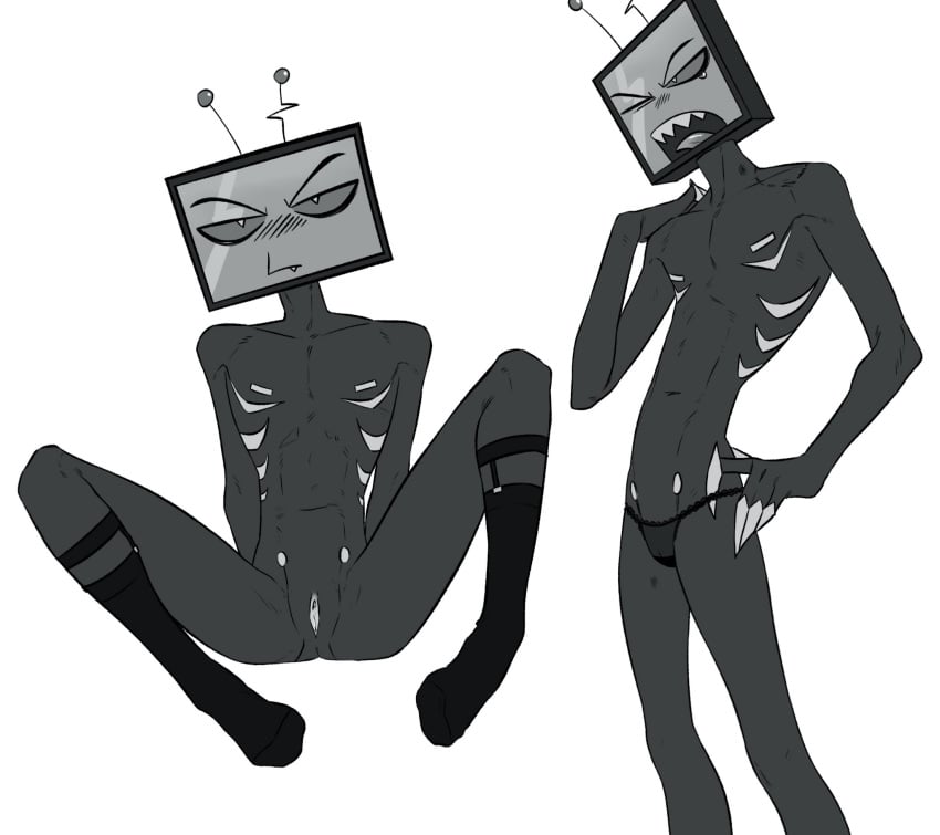 artist_request claws cuntboy cuntboy_only demon demon_boy demon_humanoid for_a_head hazbin_hotel humanoid intersex male mastectomy_scar monochrome see-through see-through_panties sock_garters tagme tv tv_head vox_(hazbin_hotel)