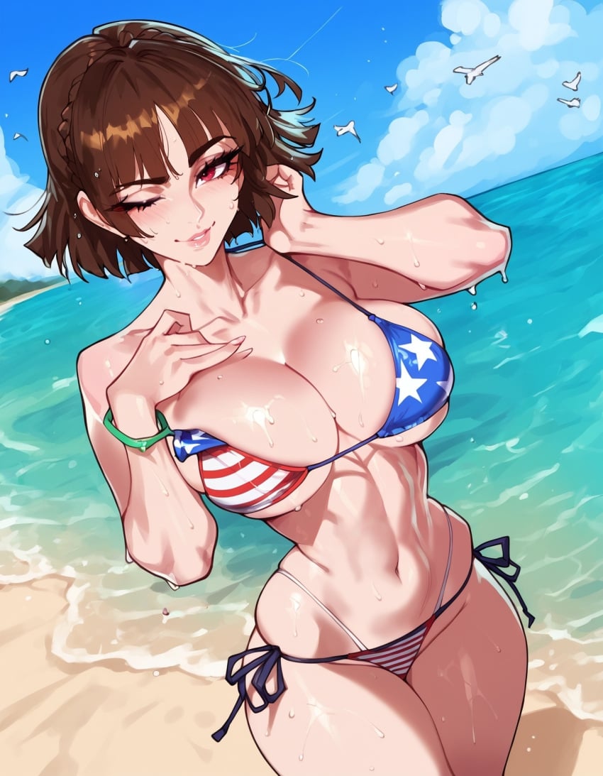 abs ai_generated american_flag american_flag_bikini american_flag_print bangs beach bikini bird blue_sky blush braid breasts brown_hair cleavage cloud collarbone day female flag_print floppydisc large_breasts lips looking_at_viewer makoto_niijima navel novelai ocean one_eye_closed outdoors persona_5 red_eyes short_hair side-tie_bikini_bottom skindentation sky smile solo stable_diffusion swimsuit thighs toned wet