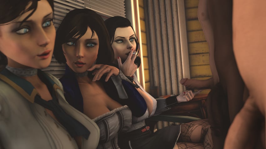 3d 3girls bioshock bioshock_infinite blue_eyes busty dinoboy555 elizabeth_comstock female female_focus gangbang hourglass_figure male penis sex tagme wide_hips