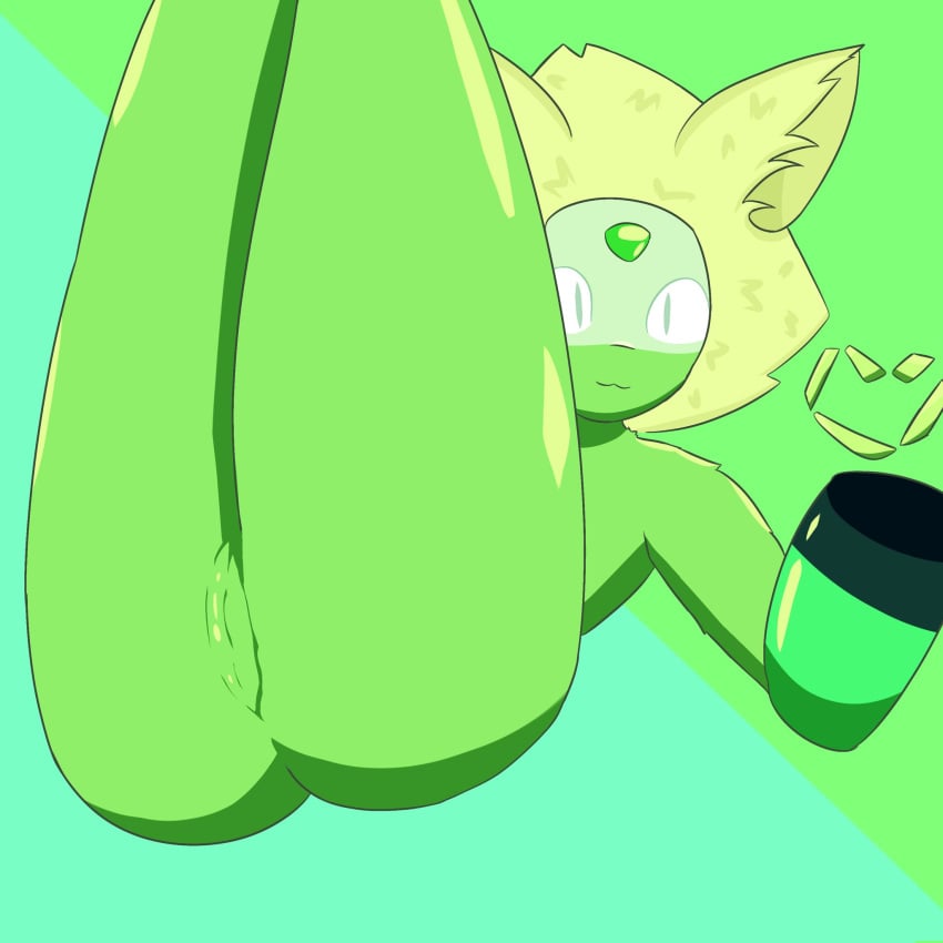 anthro cartoon_network female furroneta genitals green_body green_eyes green_hair green_skin hair hi_res peridot_(gem_species) peridot_(steven_universe) pussy simple_coloring simple_eyes simple_face smile solo steven_universe