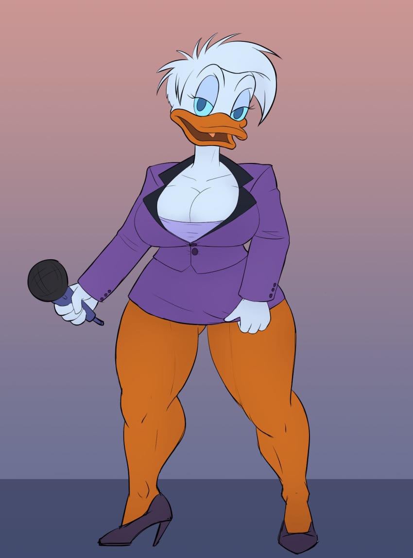 breasts child_bearing_hips cleavage clothing color curvy daisy_duck diklonius disney ducktales eyes_half_open female furry high_heels huge_breasts looking_at_viewer microphone miniskirt sketch skirt suit thick_thighs