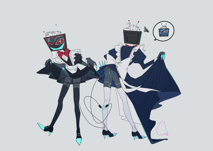 andromorph artist_request clone crossdressing cuntboy demon demon_boy demon_humanoid for_a_head hazbin_hotel humanoid intersex maid maid_dress object_head penis tv_head tv_screen vox_(hazbin_hotel)