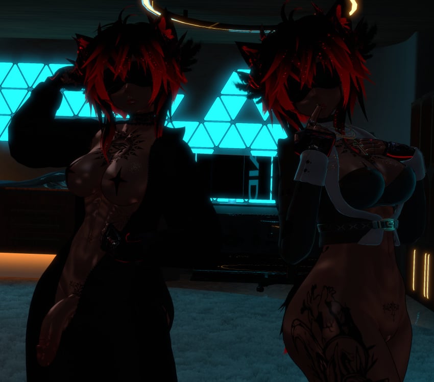 2girls 3d abs blindfold breasts breasts_out cat_ears cross dark-skinned_female dark-skinned_futanari futanari nude nude_female nude_futanari nun_outfit onesie pasties pussy red_hair revealing_clothes succubus succubus_tattoo tattoo thighs vrchat vrchat_avatar wet