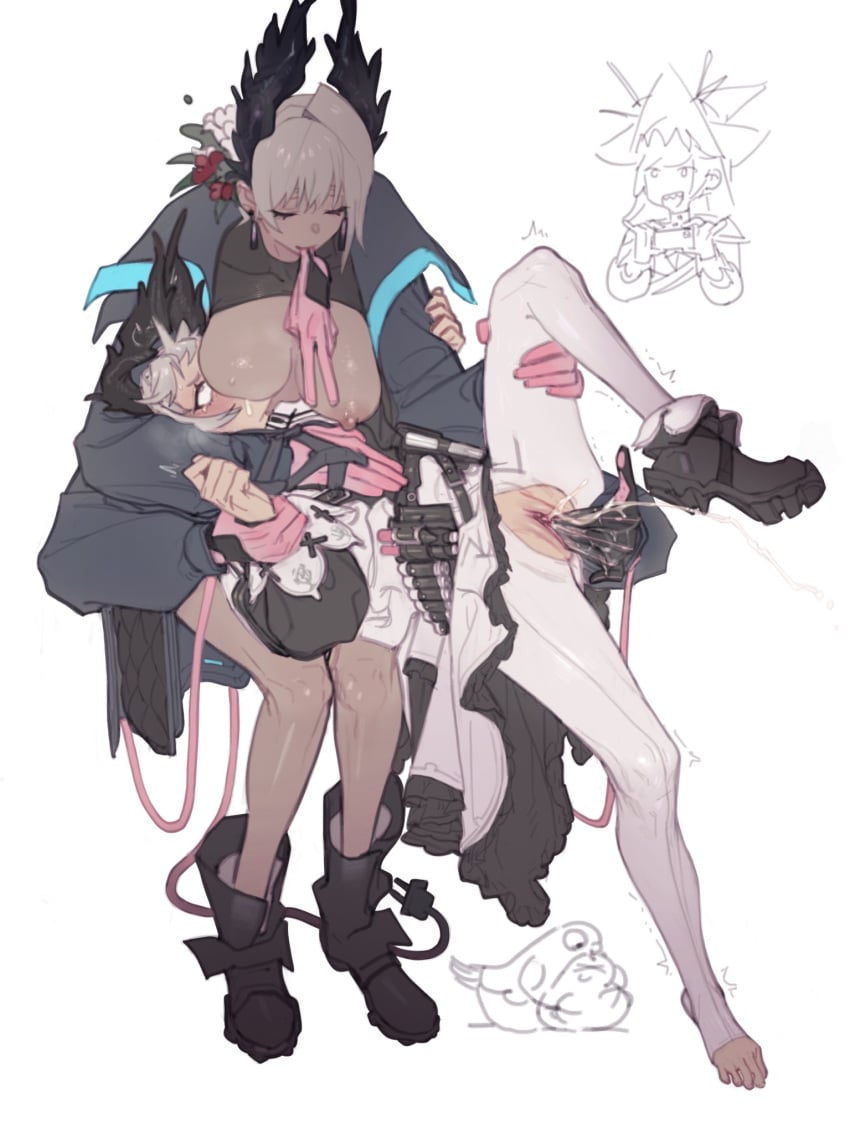 3girls ^^^ animal arknights bird bird_girl blush boots breast_smother breast_sucking breasts cellphone closed_eyes clothed_sex creator_connection dark-skinned_female dark_skin electric_plug electric_plug_tail extra_arms face_to_breasts female_ejaculation fingering flower glove_in_mouth gloves grey_hair gripping_clothes gun hair_flower hair_ornament hand_on_another&#039;s_chest hat head_wings highres hitobashira_(1746164306) holding holding_another&#039;s_leg holding_another&#039;s_wrist holding_phone holster irene_(arknights) large_breasts mouth_hold multiple_girls nursing_fingering open_mouth pantyhose phone pink_gloves raidian_(arknights) recording revision rolling_eyes sharp_teeth shoes simple_background single_shoe smartphone smile species_connection specter_(arknights) specter_the_unchained_(arknights) tail teeth torn_clothes torn_pantyhose trembling unworn_gloves watching weapon white_background white_hair white_pantyhose wings yuri