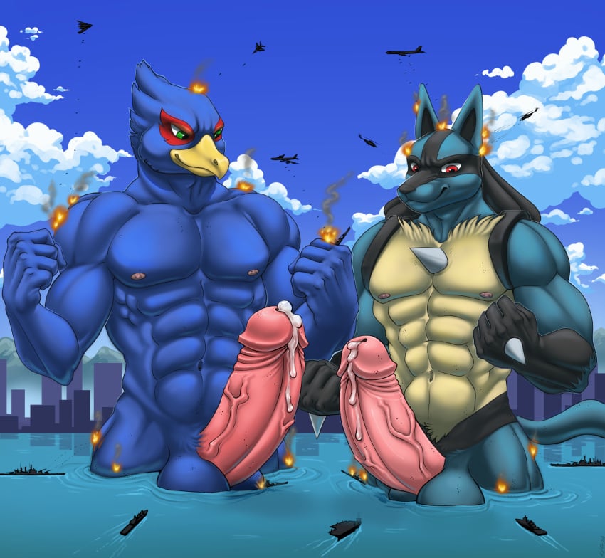 abs aircraft airplane anthro avian balls beak big_balls big_penis blue_body blush bodily_fluids canid canine city destruction duo erection falco_lombardi fist generation_4_pokemon genital_fluids genitals hi_res humanoid_genitalia humanoid_penis jet kyma lucario macro male male_only mammal muscular muscular_anthro muscular_male nintendo nipples non-mammal_balls non-mammal_nipples pecs penis pokemon pokemon_(species) precum sea ship spines star_fox tail vehicle vein veiny_penis water watercraft