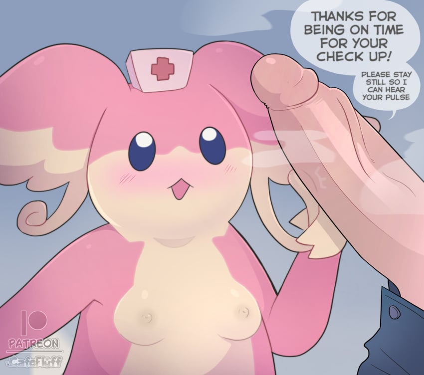 anthro audino cafefluff duo female feral generation_5_pokemon genitals hi_res humanoid_genitalia humanoid_penis male male/female medical_instrument mostly_offscreen_character nintendo nurse penis pokemon pokemon_(species) scientific_instrument