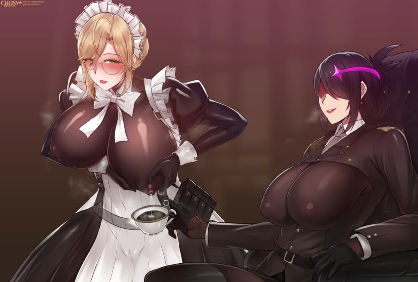 2girls ade_(nikke) artist_name black_gloves black_hair blonde_hair blush bodystocking bowtie breast_milking breasts cameltoe chair coffee commander_(nikke) covered_nipples cup earrings faceless_female female_commander_(nikke) female_only glasses goddess_of_victory:_nikke green_eyes grin hair_ornament headwear hi_res holster huge_breasts kairos+ kyu_(kairos+) lactation looking_at_viewer maid maid_apron maid_headdress medium_breasts military_uniform milk milking nipples original parted_lips puffy_sleeves shrug_(clothing) sidelocks sitting smile teeth thighhighs