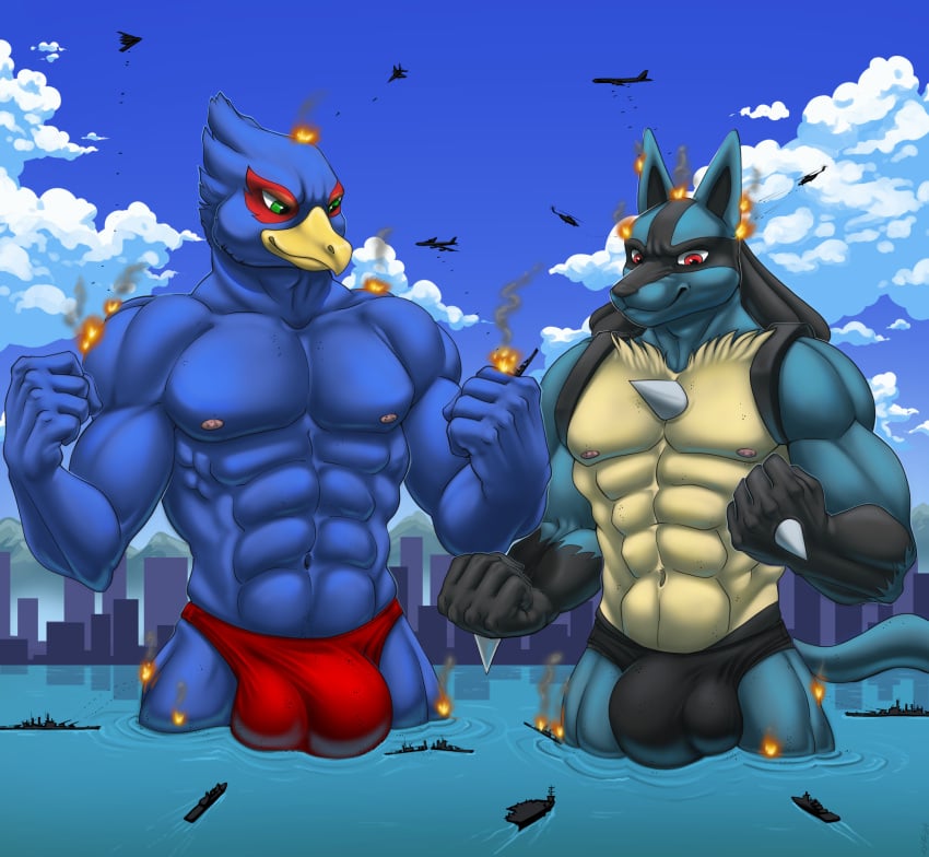 abs aircraft airplane anthro avian beak blue_body bulge canid canine city clothed clothing destruction detailed_bulge duo falco_lombardi fist generation_4_pokemon genital_outline green_eyes hi_res jet kyma lucario macro male male_only mammal muscular muscular_anthro muscular_male nintendo nipples non-mammal_nipples pecs pokemon pokemon_(species) red_eyes sea ship speedo spines star_fox swimwear tail topless vehicle water watercraft