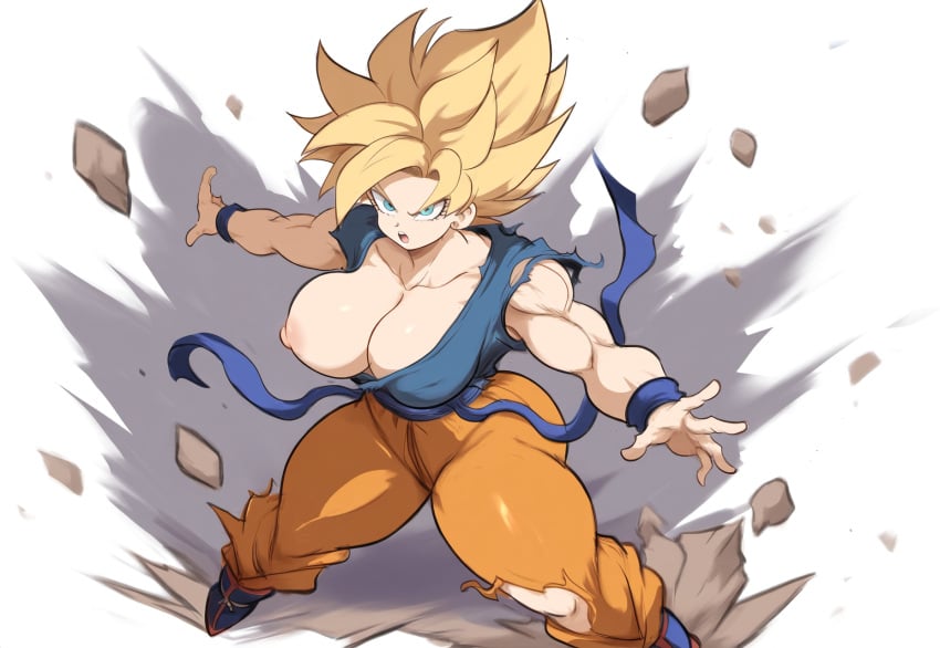 ai_generated alien alien_girl big_breasts blonde_hair dragon_ball dragon_ball_super dragon_ball_z female genderswap_(mtf) large_breasts mature_female milf mullon muscular_female nipples novelai rule_63 saiyan son_goku super_saiyan