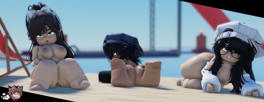 3d 3girls angel_(chaosrr34) ass beach breasts chaosrr34 female female_only luna_(chaosrr34) nude nude_female original_character roblox roblox_avatar robloxian tagme thighs yuki_(chaosrr34)