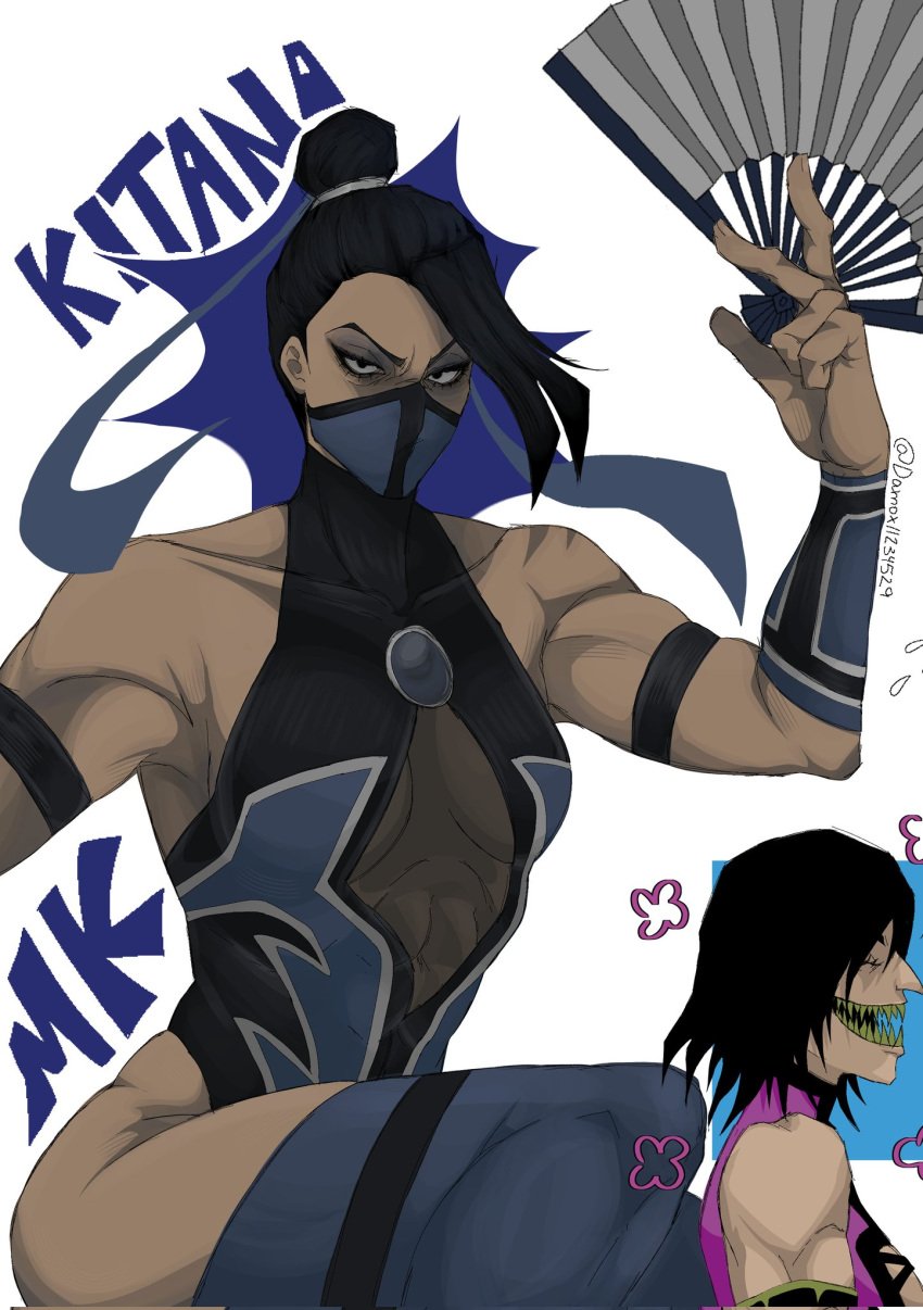 2girls abs assassin black_hair blades blue_clothing damax edenian fan female female_focus female_only hybrid kitana kitana_(shaolin_monks) masked masked_female mileena mileena_(mk9) mortal_kombat mortal_kombat:_shaolin_monks mortal_kombat_(2011) muscular muscular_arms muscular_female skimpy skimpy_clothes skimpy_outfit tarkatan