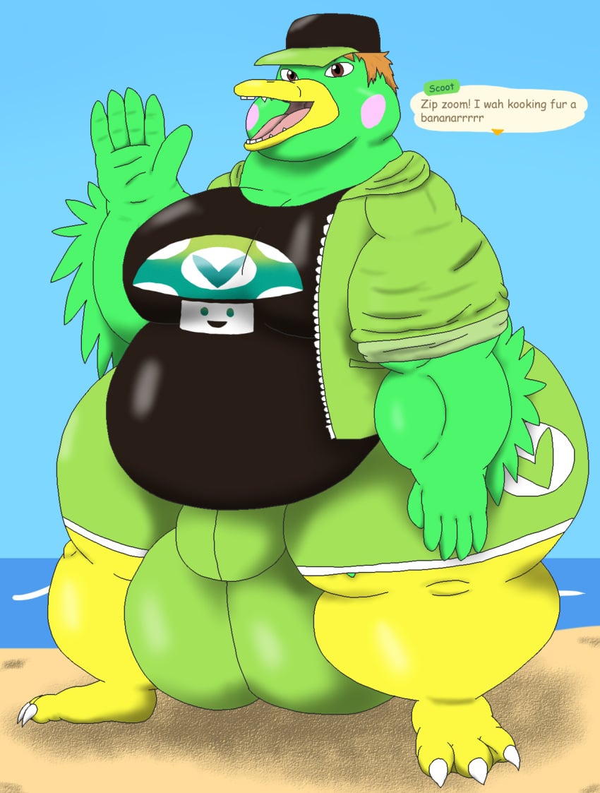 alythewolfcat anatid animal_crossing anseriform anthro avian big_bulge bird bottomwear brown_hair bulge clothing detailed_bulge duck english_text feather_hands feathers fungus genital_outline hair hat headgear headwear hi_res huge_bulge huge_hips hyper hyper_bulge hyper_hips jacket male morbidly_obese mushroom nintendo obese overweight overweight_male penis_outline scoot_(animal_crossing) shorts solo text topwear vinesauce vineshroom wide_hips