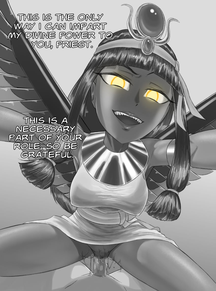 clothed_female_nude_male clothed_sex egyptian_mythology goddess greyscale isis_(egyptian_mythology) itzal monochrome monochrome_background overly_sarcastic_productions priest vaginal_sex yellow_eyes yellow_pupils