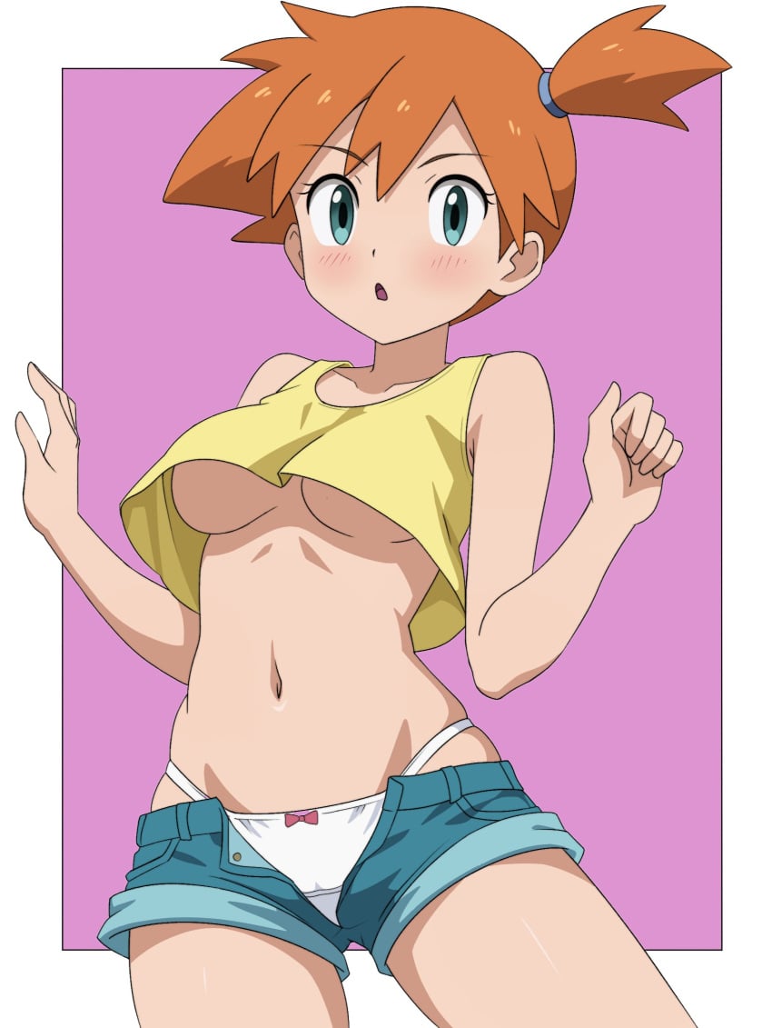 :o absurdres asymmetrical_hair bare_arms bare_shoulders blue_eyes blue_shorts blush bow bow_panties breasts creatures_(company) crop_top denim denim_shorts eyelashes female female_focus game_freak green_eyes gym_leader hair_tie hands_up highres kasumi_(pokemon) large_breasts legs looking_at_viewer medium_breasts midriff mnkr98 navel nintendo open_clothes open_fly open_mouth open_shorts orange_hair panties pokemon pokemon_(anime) pokemon_(classic_anime) ponytail shirt short_hair short_shorts shorts side_ponytail sleeveless sleeveless_shirt solo stomach suspenders tank_top thighs underboob underwear unzipped w_arms white_panties yellow_shirt yellow_tank_top