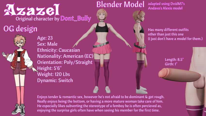 1boy 3d 3d_(artwork) 3d_model a-pose azazel_(dont_bully) blender blender_(artwork) blender_(software) blonde_hair bow character_name character_profile dont_bully_(artist) femboy huge_cock hung_femboy information information_sheet large_penis light-skinned_male measuring_penis original_character penis_size picrew pink_bow pink_clothing pink_skirt skirt stats stockings strawberry_blonde_hair text thighhighs two_tone_hairband