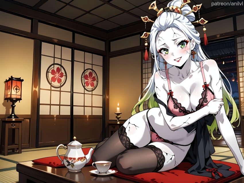 1girls ai_generated anilvl arm_support bare_shoulders black_thighhighs blush bra breasts candle candlelight candlestand cleavage collarbone colored_skin cracked_skin cup cushion daki_(kimetsu_no_yaiba) demon_slayer earrings eyeshadow forehead gradient_hair green_eyes green_hair hair_ornament hair_stick indoors jewelry kimetsu_no_yaiba lace-trimmed_bra lace-trimmed_panties lace_trim lantern large_breasts lingerie lipstick long_hair looking_at_viewer makeup medium_breasts multicolored_hair navel night pale_skin panties pink_bra pink_panties red_lips red_panties scar shouji sitting sliding_doors smile solo table tassel tatami tea teacup teapot thighhighs thighs two-tone_hair underwear underwear_only white_hair white_skin yokozuwari