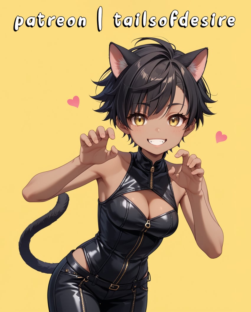 1girls 2024 2d 2d_(artwork) ai_generated artist_request bangs black_hair cat_ears cat_pose cat_tail catgirl dark_skin floating_hearts grin happy heart jpg leather_clothing leather_pants leather_topwear mari_(tailsofdesire) medium_breasts nekomata patreon patreon_username pixie_cut png short_hair sleeveless succubus tagme tail tails_of_desire tomboy yellow_background yellow_eyes