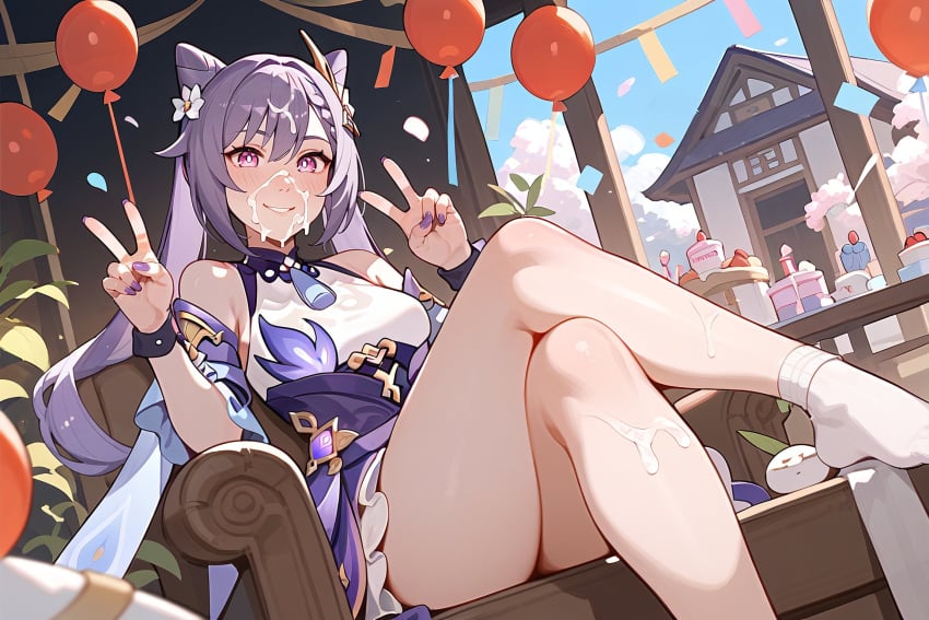 ai_generated balloon birthday brinkai crossed_legs cum cum_on_body cum_on_face cum_on_leg cum_on_lower_body double_peace_sign double_v eyebrows eyelashes genshin_impact keqing_(genshin_impact) legs nail_polish peace_sign purple_eyes purple_hair purple_nails smile v