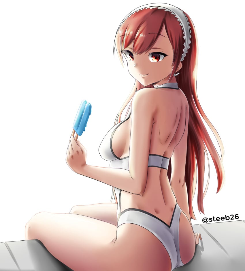 1girls absurd_res cherche_(fire_emblem) closed_mouth fire_emblem fire_emblem_awakening food from_behind hairband high_res holding long_hair looking_back medium_breasts nintendo popsicle red_eyes red_hair sideboob simple_background sitting smile steeb swimming_pool swimsuit twitter_username white_background