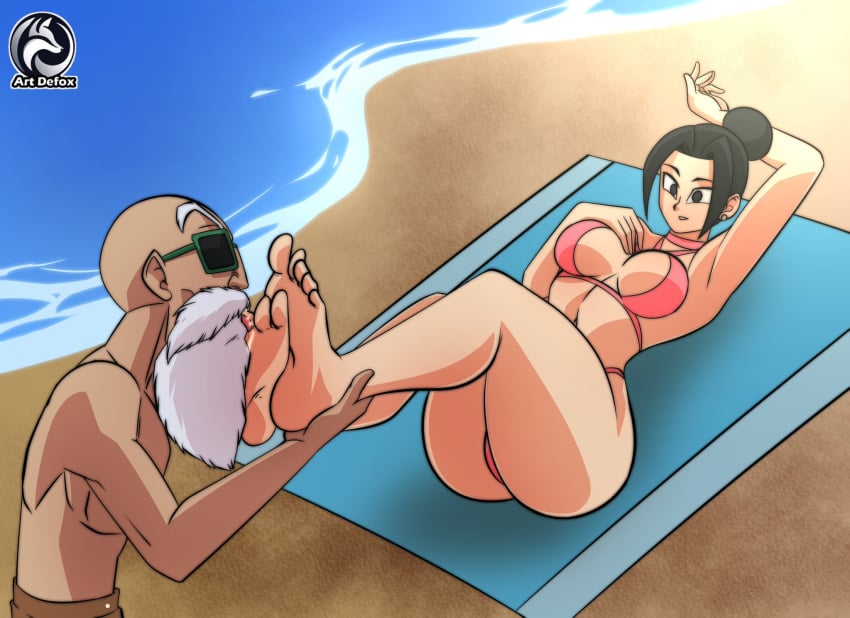 beach beach_towel bikini chichi dragon_ball dragon_ball_z feet foot_fetish foot_lick legs master_roshi milf mother old_man older_male older_man_and_younger_woman relaxing sunglasses