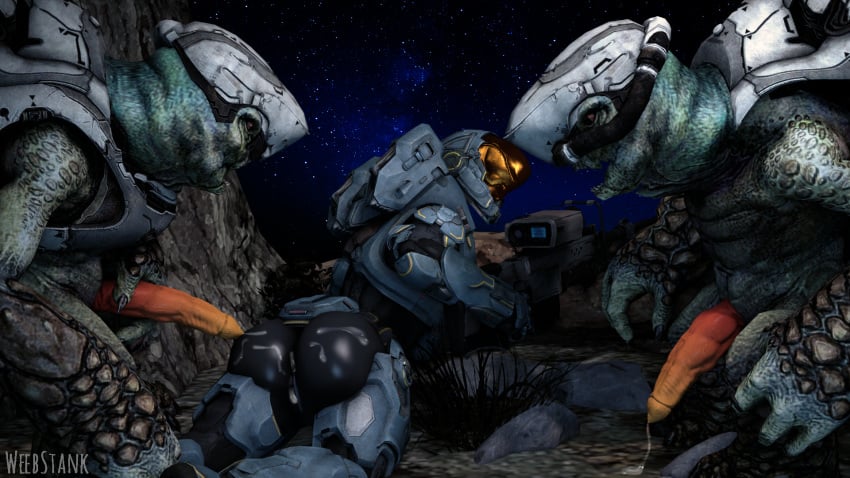 1girls 2boys 3d alien armor artist_name ass butt cum cum_on_ass erection female female_spartan_(halo) halo_(series) looking_back lying_on_stomach male male_unggoy night orange_penis outdoors outside penis sky sniper sniper_rifle spartan_(halo) star uncensored unggoy weapon weebstank xenophilia