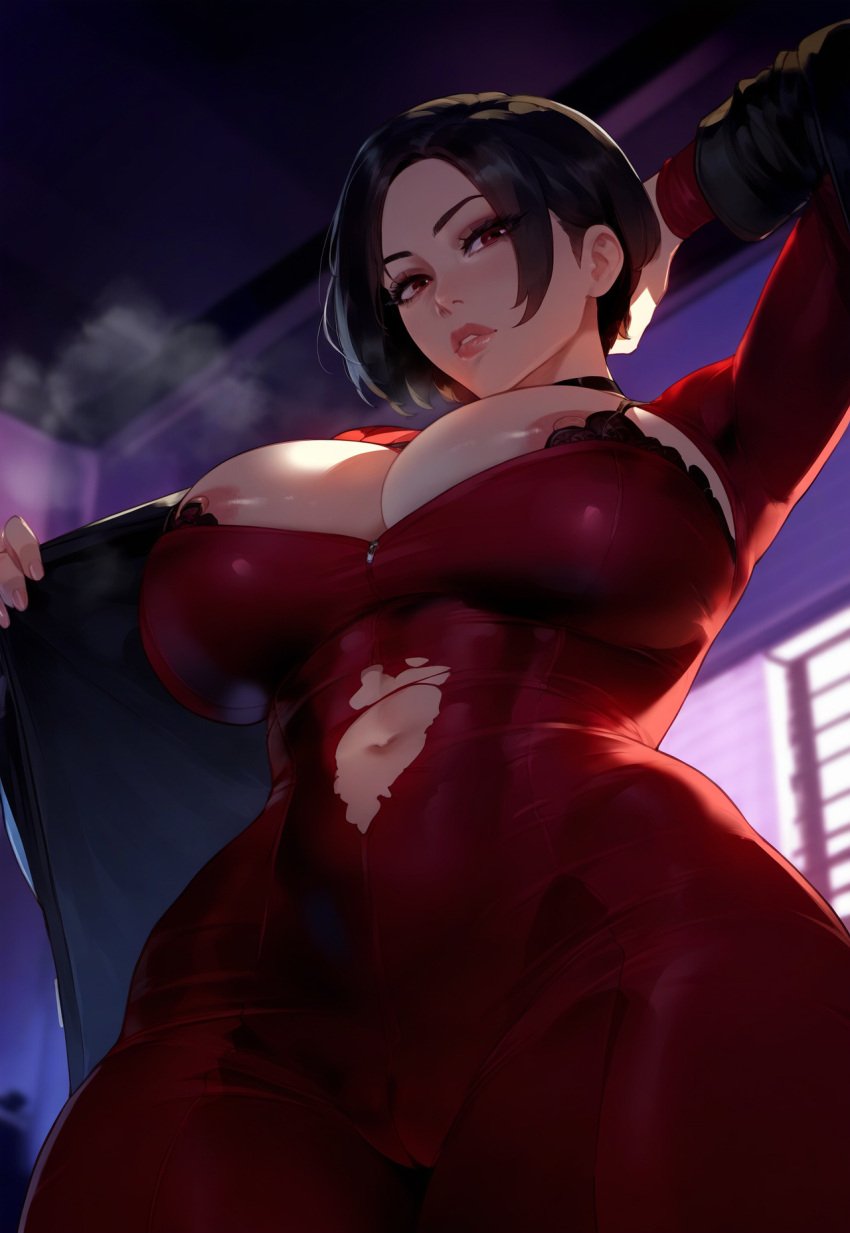 ada_wong ai_generated big_breasts miyuai navel nipple_slip red_dress resident_evil short_hair thighs tight_clothing tight_dress torn_clothes