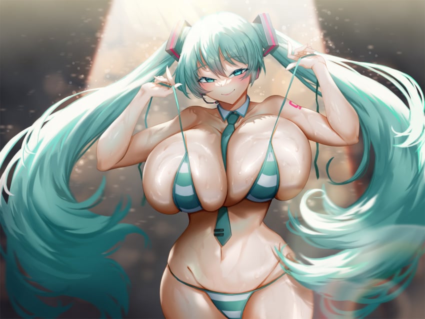 1girls bikini blush curvy_female cyan_eyes cyan_hair hatsune_miku hi_res hoqn1108 huge_breasts long_hair navel public_nudity seductive_smile semi_nude smile solo twintails vocaloid voluptuous