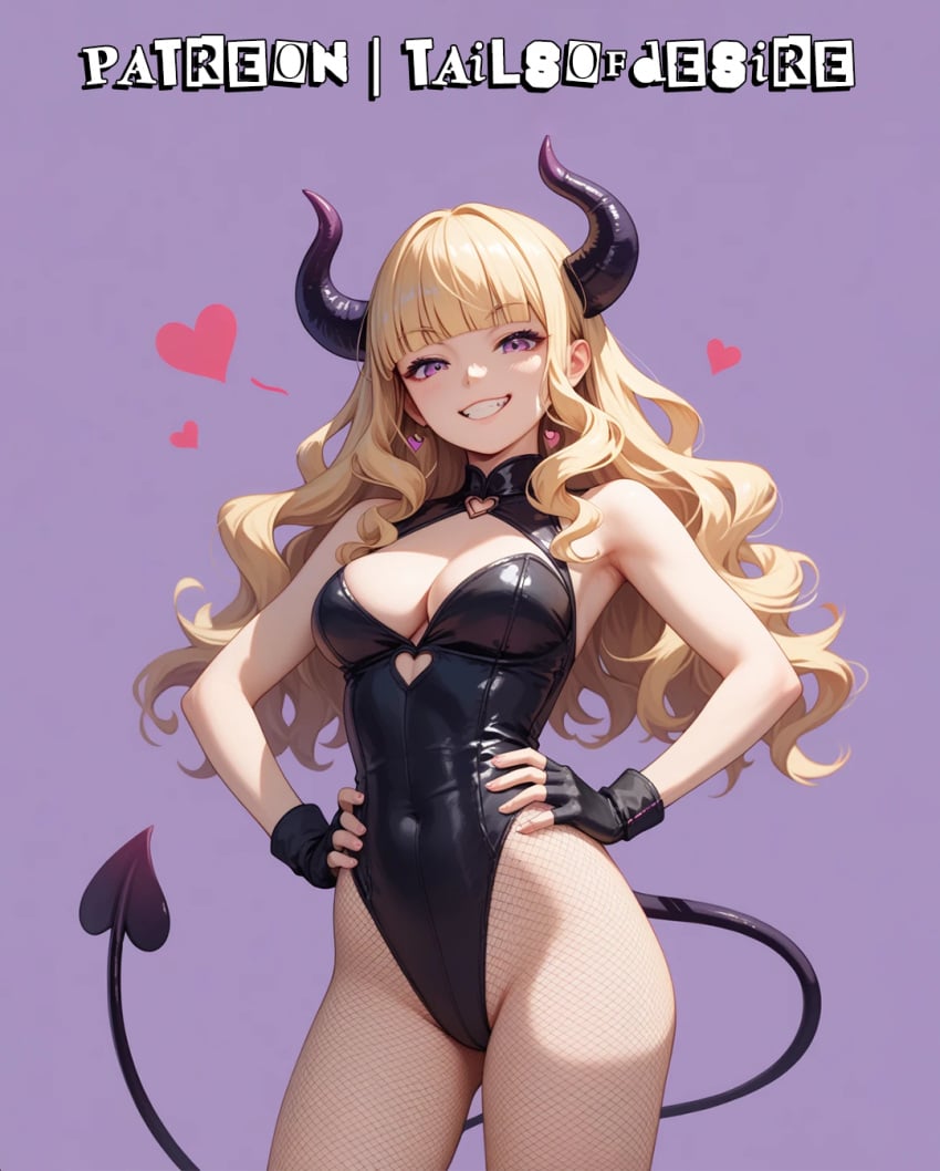 ai_generated black_gloves black_horns black_leotard blonde_hair blunt_bangs cameltoe cleavage demon_horns earrings fingerless_gloves fishnet_legwear fishnet_pantyhose floating_hearts horns leotard lilo_(tailsofdesire) long_hair medium_breasts patreon patreon_username petite petite_body purple_background purple_eyes simple_background smug smug_face smug_smile succubus succubus_horns succubus_tail tails_of_desire wavy_hair