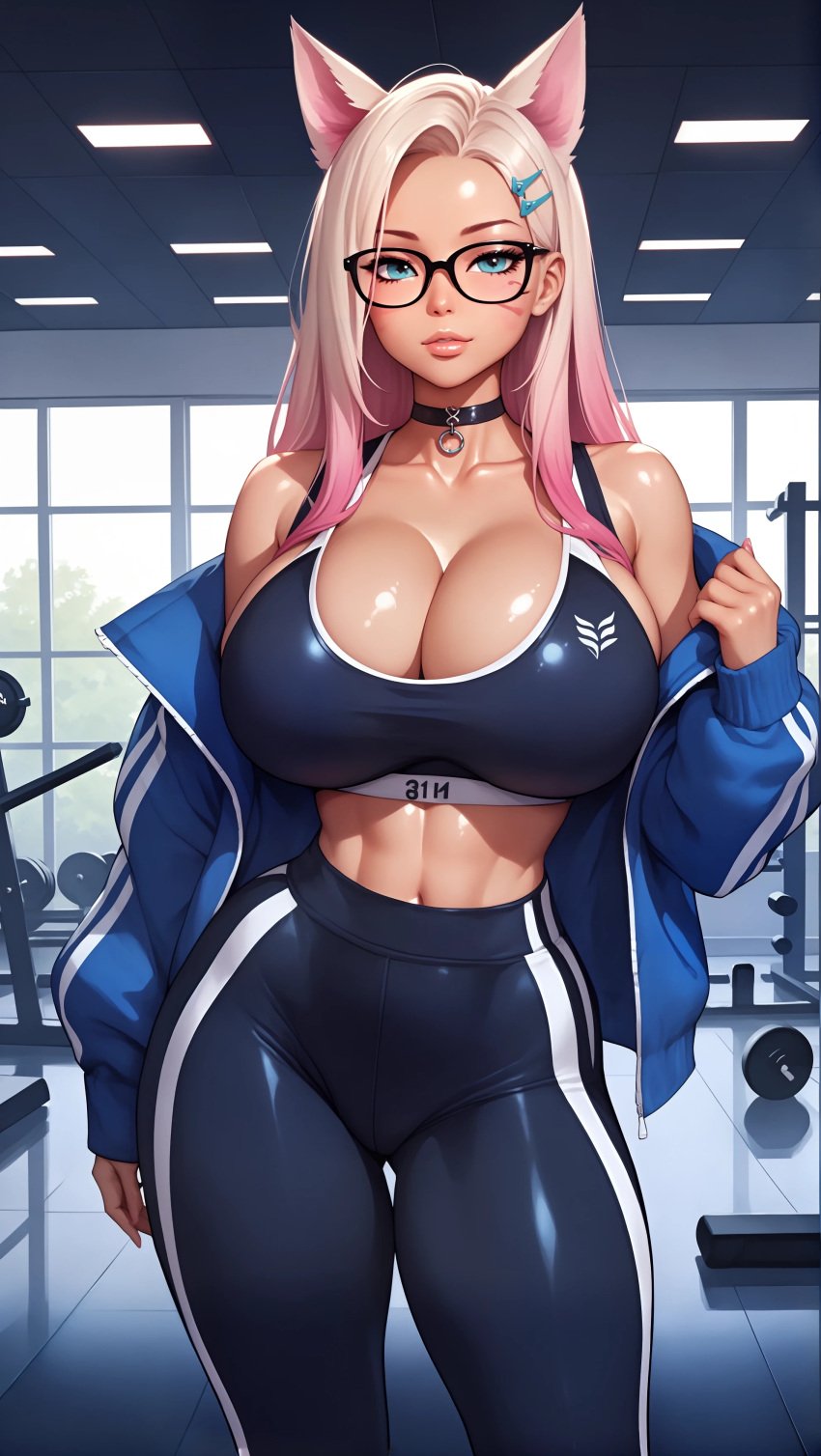 ahri ai_generated bare_shoulders big_breasts bimbo_body breasts choker cleavage collarbone fake_breasts female female_focus female_only firm_breasts fox_ears glasses gym gym_background gym_clothes gym_clothing gym_uniform hourglass_figure huge_breasts jacket jacket_open k/da_ahri k/da_all_out_ahri k/da_series large_breasts league_of_legends leggings light light_body lips lipstick looking_at_viewer midriff navel portrait pose posing posing_for_the_viewer riot_games round_breasts seducing seduction seductive seductive_body seductive_eyes seductive_gaze seductive_look seductive_mouth seductive_pose seductive_smile shiny shiny_breasts shiny_clothes shiny_hair shiny_skin sky4maleja sport sports sports_bra standing thick_thighs thin_waist tight_clothes tight_clothing toned toned_body toned_female toned_stomach vastaya waist