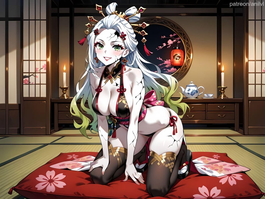 1girls ai_generated anilvl bare_arms bare_shoulders bikini black_bikini black_panties black_thighhighs blush body_markings bra breasts candle candlelight candlestand cleavage colored_skin colored_tips cracked_skin cup cushion daki_(kimetsu_no_yaiba) demon_slayer detached_collar earrings facial_mark fingernails fire floral_print forehead full_body gradient_hair green_eyes green_hair grin hair_ornament hair_stick hairpin halterneck indoors jewelry kimetsu_no_yaiba kimono kneeling lantern large_breasts leaning_forward lipstick long_hair looking_at_viewer makeup medium_breasts mole multicolored_hair navel obi pale_skin panties paper_lantern pelvic_curtain pillow revealing_clothes sandals sash shouji side-tie_bikini_bottom side-tie_panties sliding_doors smile solo string_bikini swimsuit tabi tassel tatami tattoo teacup teapot thighhighs thighs two-tone_hair underwear very_long_hair white_hair white_skin window zabuton zouri