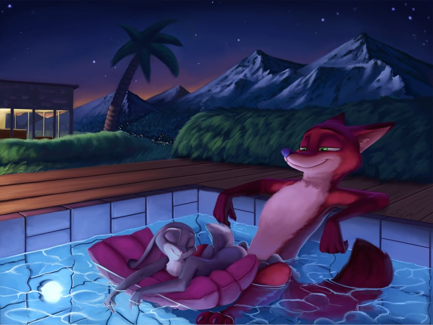 2019 anthro ass canid canine closed_eyes detailed_background disney duo female flat_chest fox green_eyes highres judy_hopps lagomorph long_ears male mammal mountain nick_wilde night nude outdoors partially_submerged rabbit s1m smile straight swimming_pool water zootopia