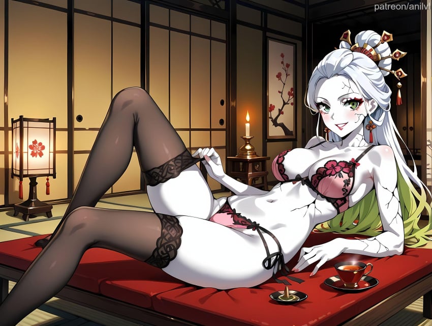 1girls ai_generated anilvl bare_shoulders black_thighhighs blush bra breasts candle candlelight candlestand cleavage collarbone colored_skin cracked_skin cup daki_(kimetsu_no_yaiba) demon_slayer earrings eyeshadow fingernails gradient_hair green_eyes green_hair hair_ornament hair_stick indoors jewelry kimetsu_no_yaiba knee_up lace-trimmed_bra lace_trim lantern large_breasts lingerie lipstick long_hair looking_at_viewer lying makeup medium_breasts multicolored_hair nail_polish navel on_back pale_skin panties parted_lips pink_bra pink_panties reclining red_lips red_nails scar side-tie_panties smile solo stomach table tassel teacup thighhighs thighs two-tone_hair underwear underwear_only white_hair white_skin