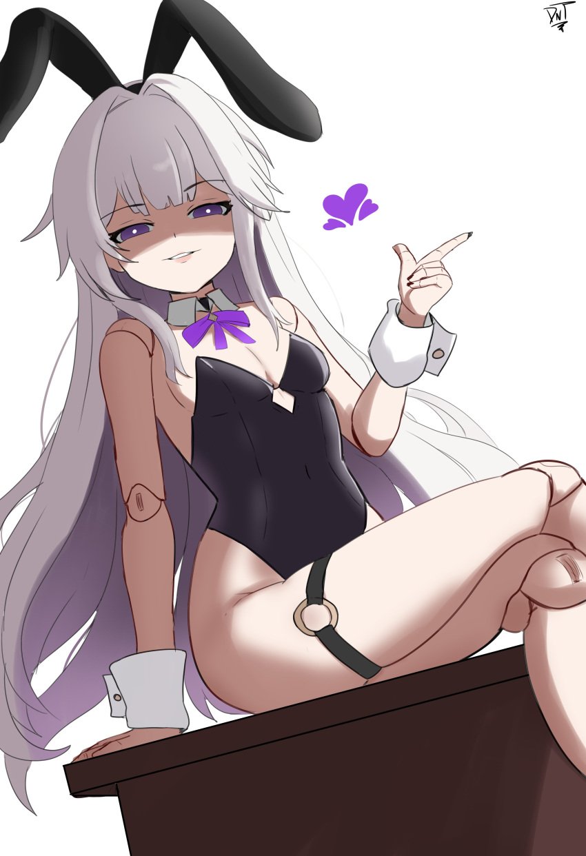 1girls bunny_ears bunnysuit crossed_legs dominant_female domination dominatrix evil_smile grey_hair heart herta_(honkai:_star_rail) honkai:_star_rail long_hair lord_dante playboy_bunny puppet sitting sitting_on_lap small_breasts smaller_female