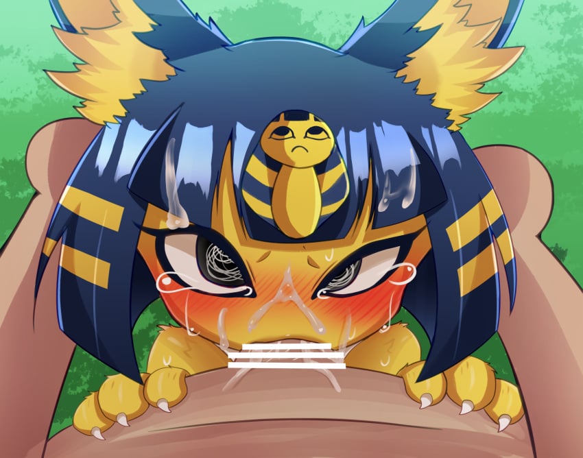 2022 animal_crossing ankha_(animal_crossing) anthro black_eyes blue_hair blush blushing_at_viewer bodily_fluids censor_bar censored censored_genitalia claws cum cum_in_hair cum_in_mouth cum_inside cum_on_cheek cum_on_face digital_media_(artwork) domestic_cat duo ears_up felid feline felis fellatio female genital_fluids glistening glistening_hair grass hair hi_res himimi human looking_at_viewer male male/female mammal nintendo oral penile plant sex sweat tears uraeus villager_(animal_crossing) yellow_body