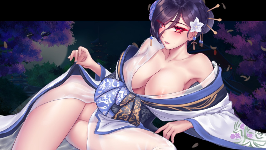 anthro_only blue_hair breasts defeat game_cg kikyou large_breasts long_hair mosaic_censoring ninja red_eyes